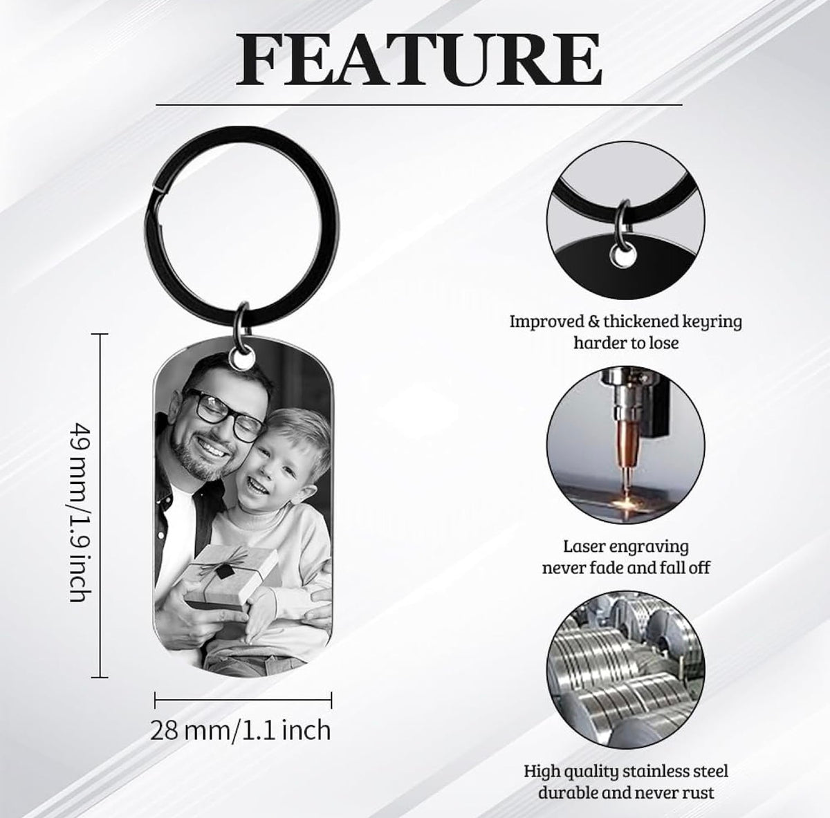 Personalised Photo Black Aluminium Keyring with Back Engraving