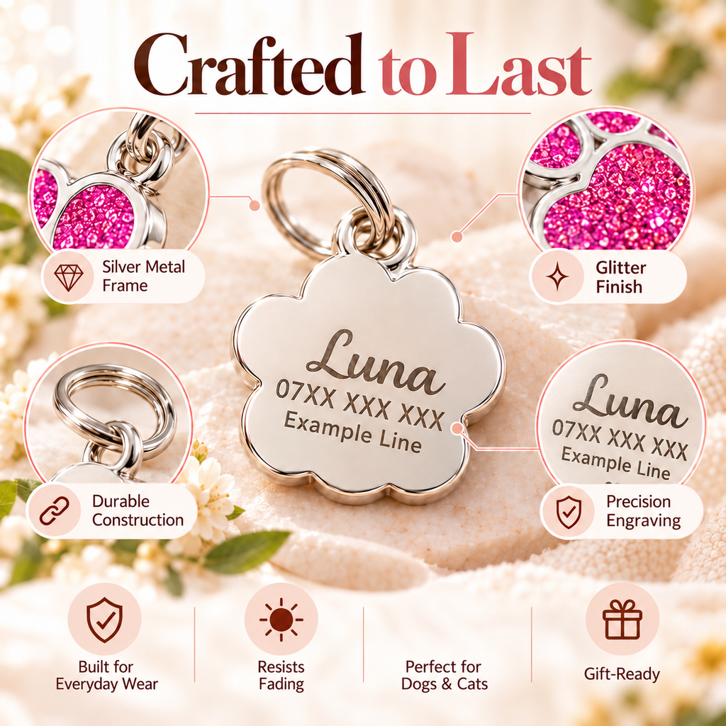 Personalised Glitter Paw Pet ID Tag – Custom Name, Mobile Number & Address