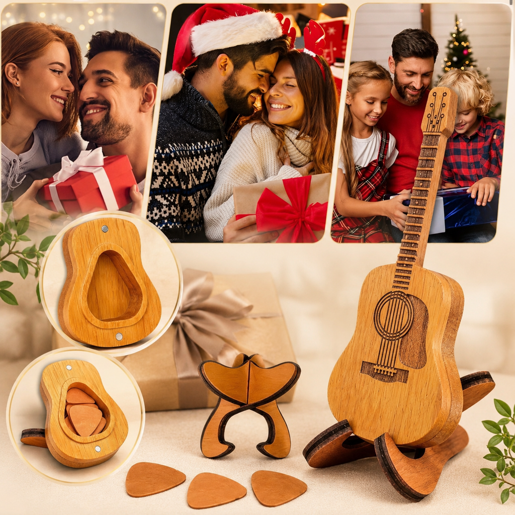 Guitar-Shaped Wooden Pick Holder with 3 Picks & Stand