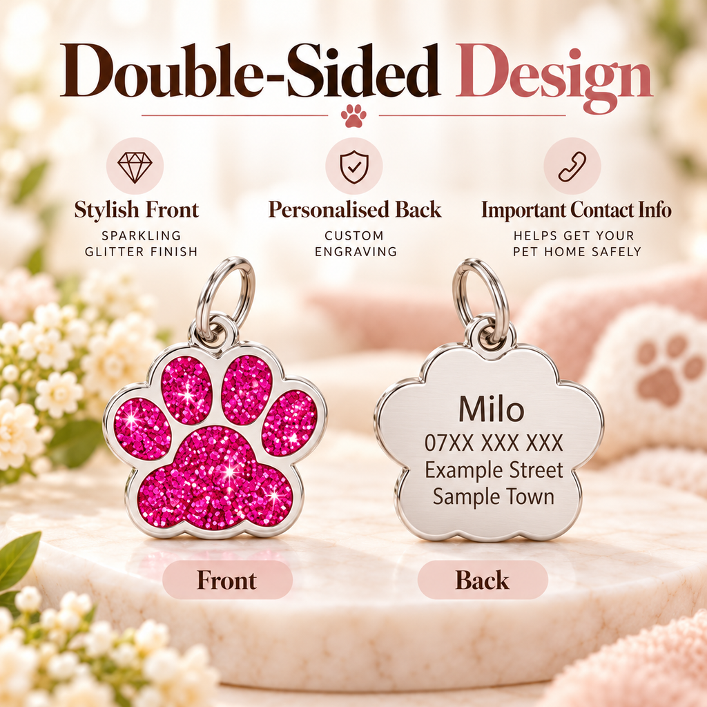 Personalised Glitter Paw Pet ID Tag – Custom Name, Mobile Number & Address
