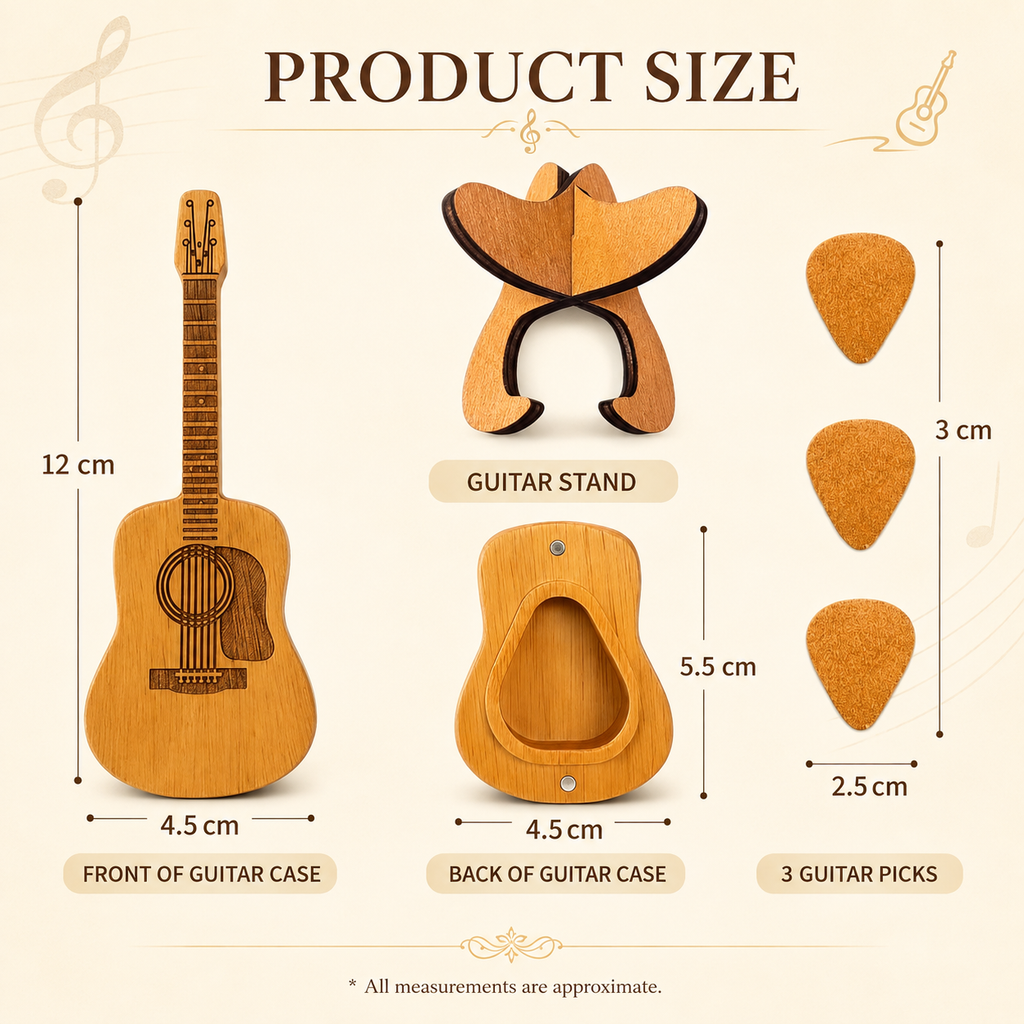 Guitar-Shaped Wooden Pick Holder with 3 Picks & Stand