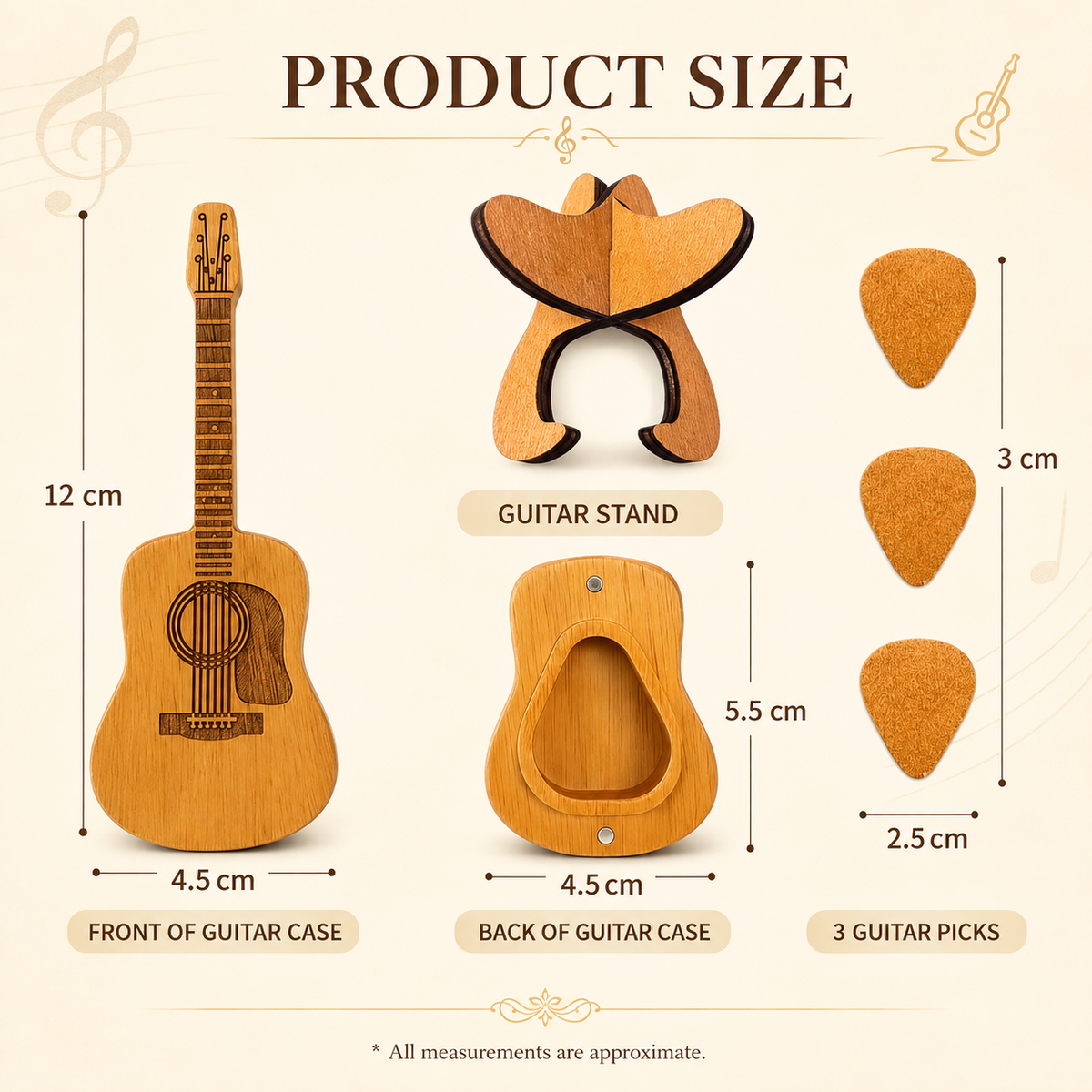 Guitar-Shaped Wooden Pick Holder with 3 Picks & Stand