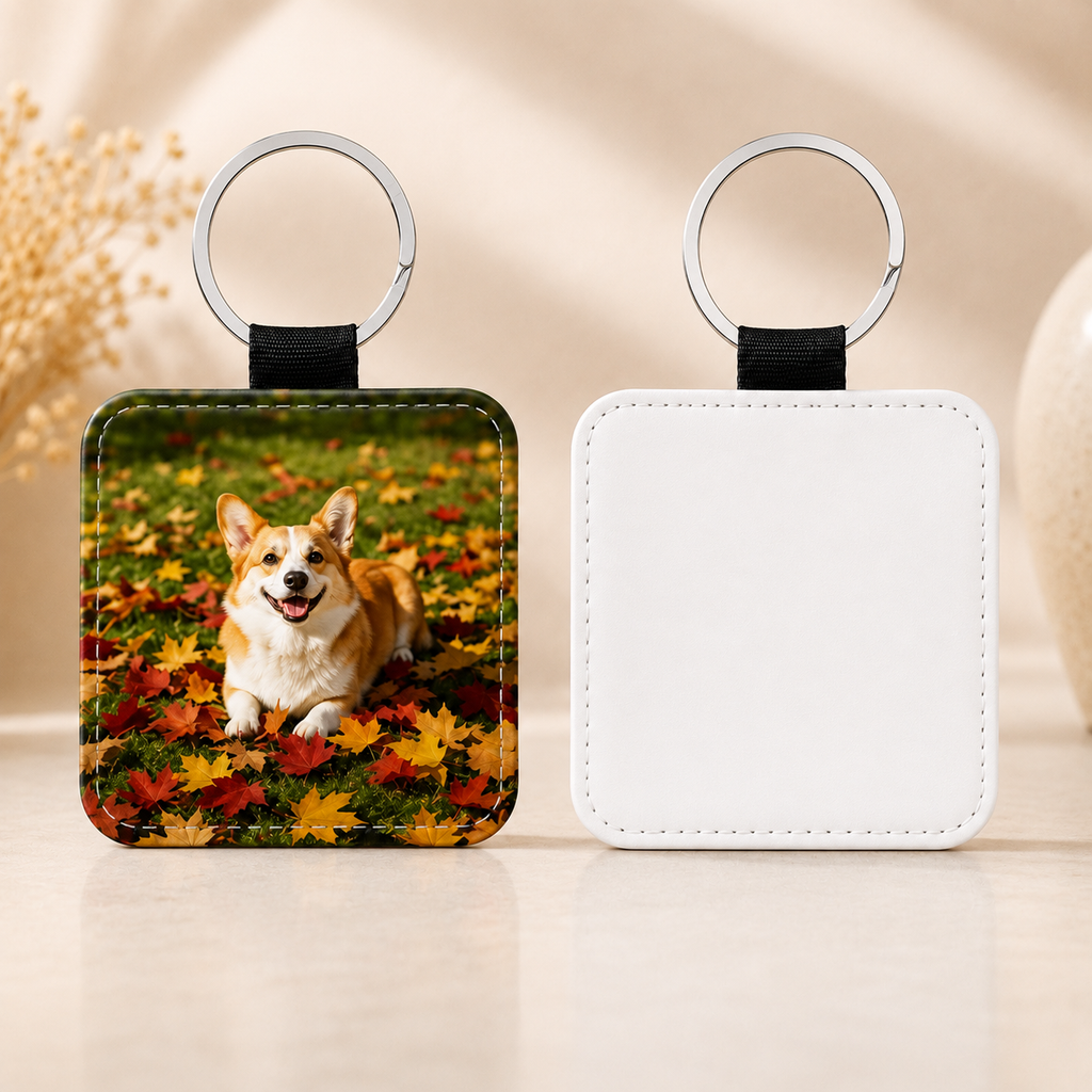 Personalised PU Leather Photo Keyring – White or Silver Back