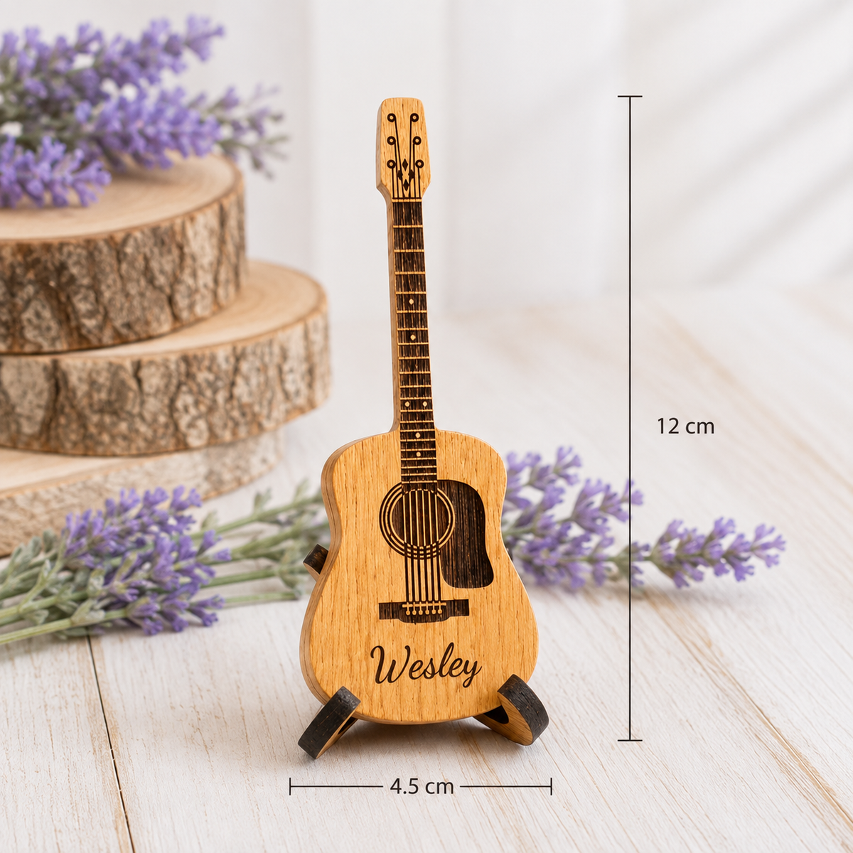 Personalised Guitar-Shaped Wooden Pick Holder with 3 Picks & Stand