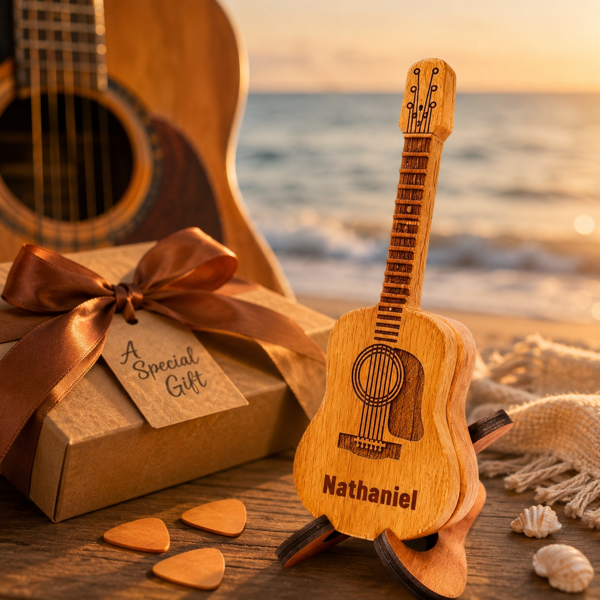 Personalised Guitar-Shaped Wooden Pick Holder with 3 Picks & Stand