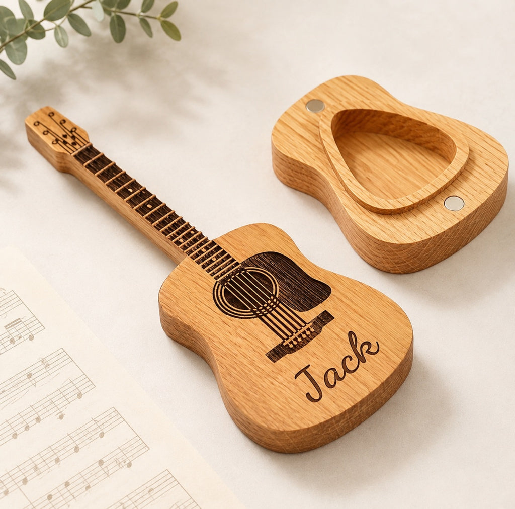 Personalised Guitar-Shaped Wooden Pick Holder with 3 Picks & Stand