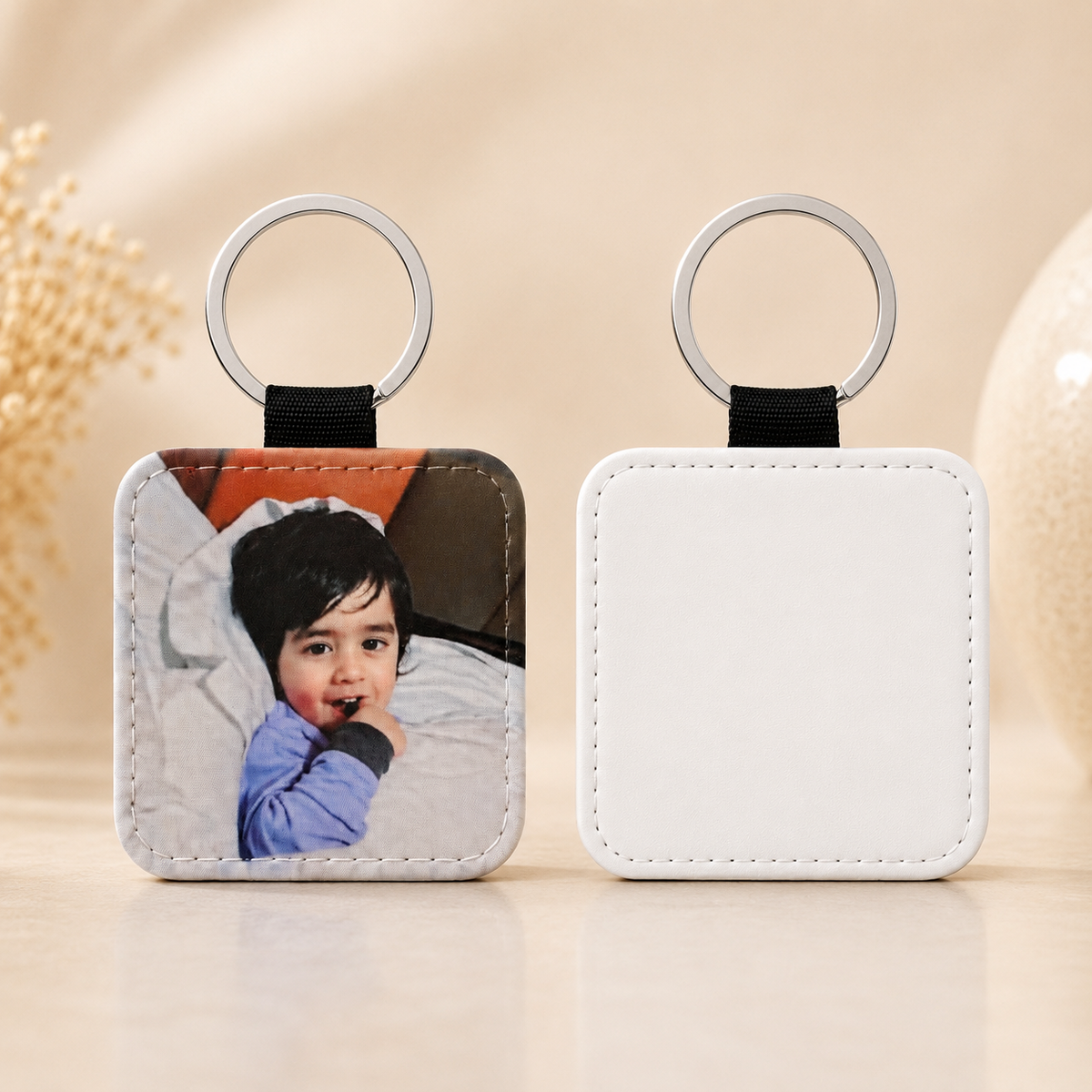 Personalised PU Leather Photo Keyring – White or Silver Back