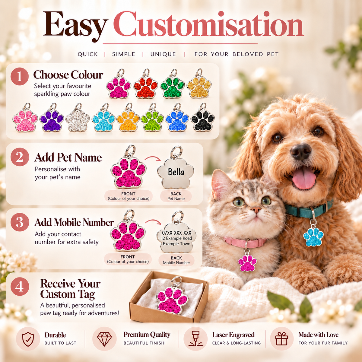 Personalised Glitter Paw Pet ID Tag – Custom Name, Mobile Number & Address