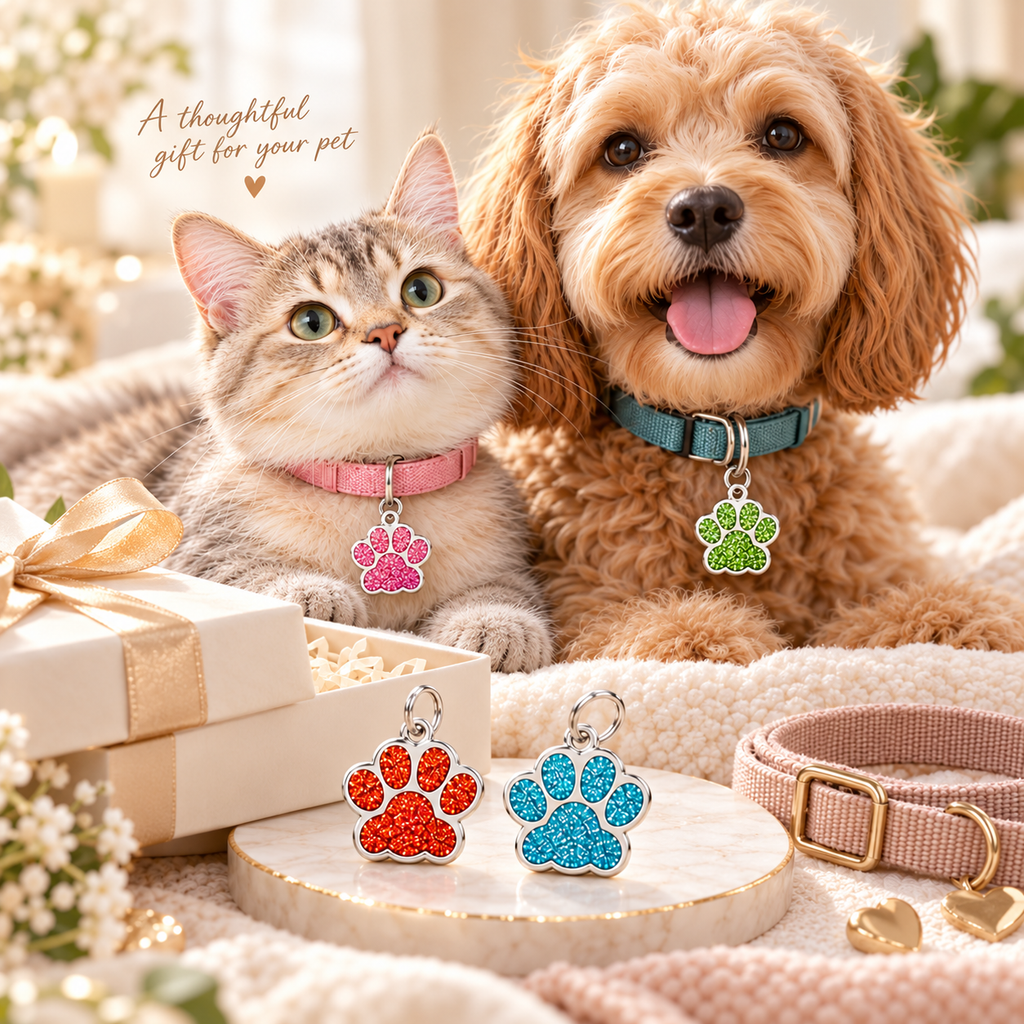 Personalised Glitter Paw Pet ID Tag – Custom Name, Mobile Number & Address