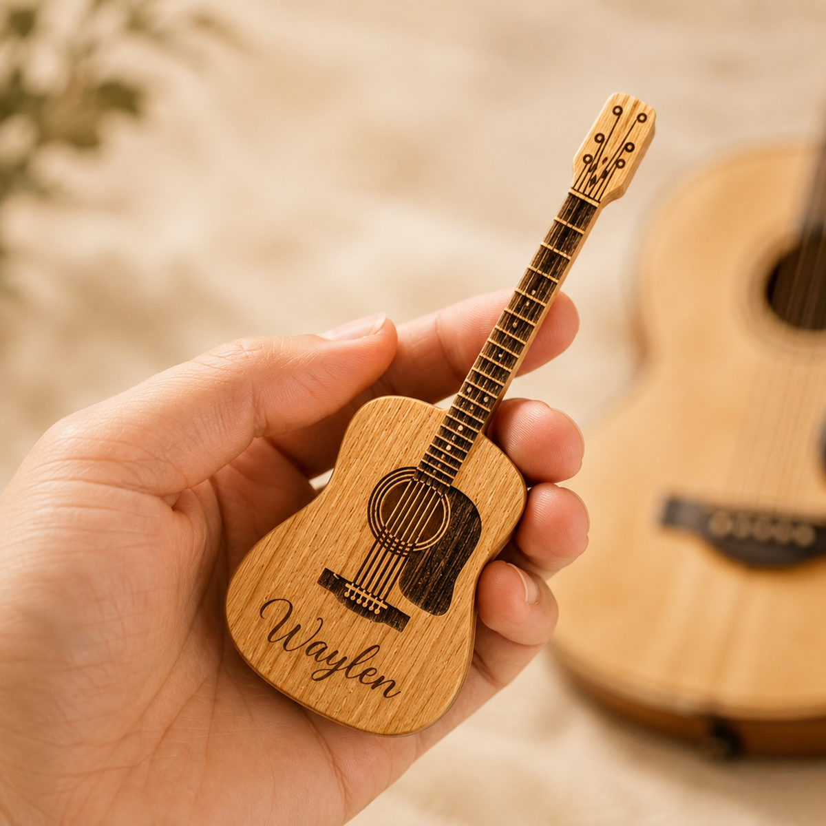 Personalised Guitar-Shaped Wooden Pick Holder with 3 Picks & Stand