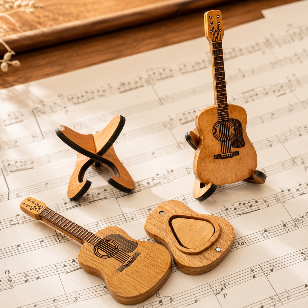 Guitar-Shaped Wooden Pick Holder with 3 Picks & Stand
