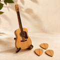 Guitar-Shaped Wooden Pick Holder with 3 Picks & Stand