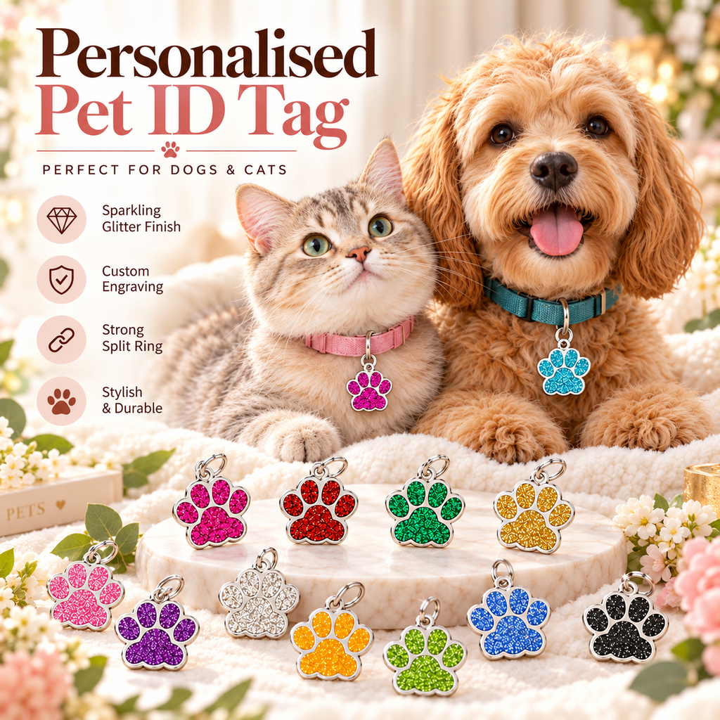 Personalised Glitter Paw Pet ID Tag – Custom Name, Mobile Number & Address