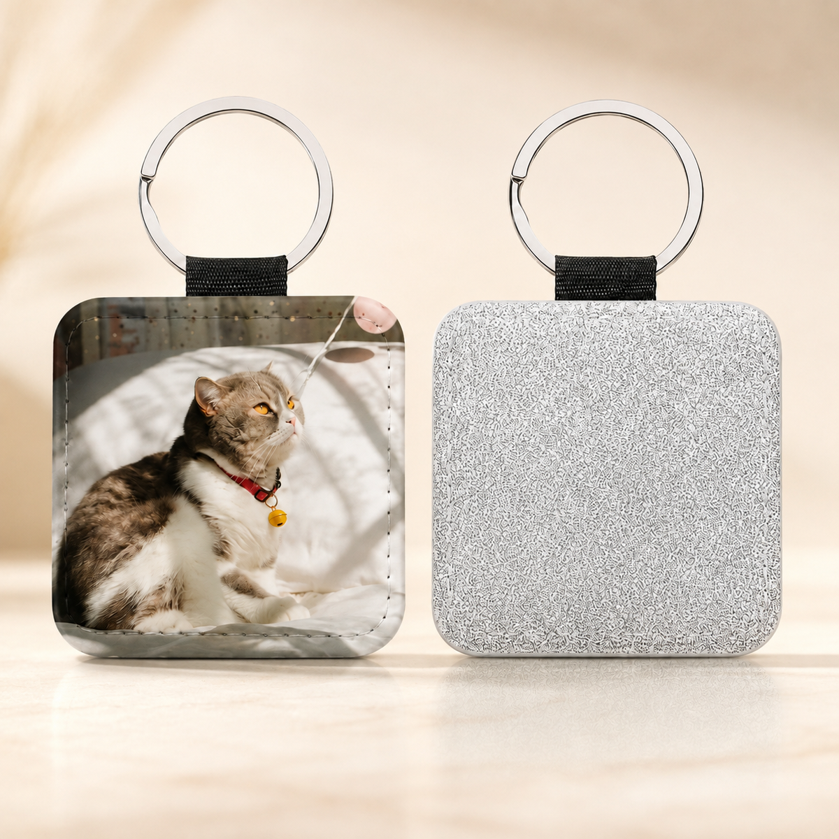Personalised PU Leather Photo Keyring – White or Silver Back