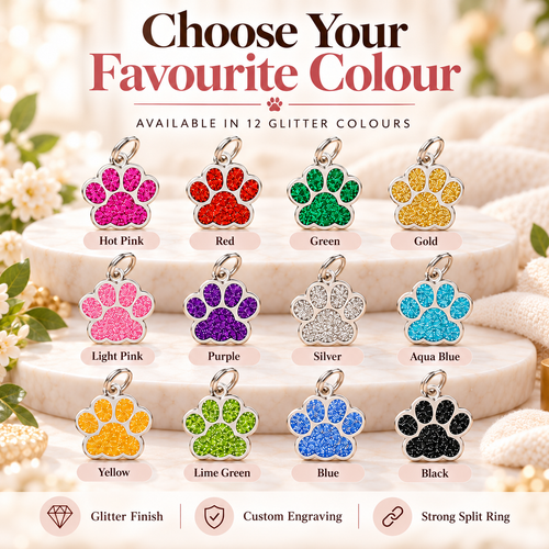 Personalised Glitter Paw Pet ID Tag – Custom Name, Mobile Number & Address