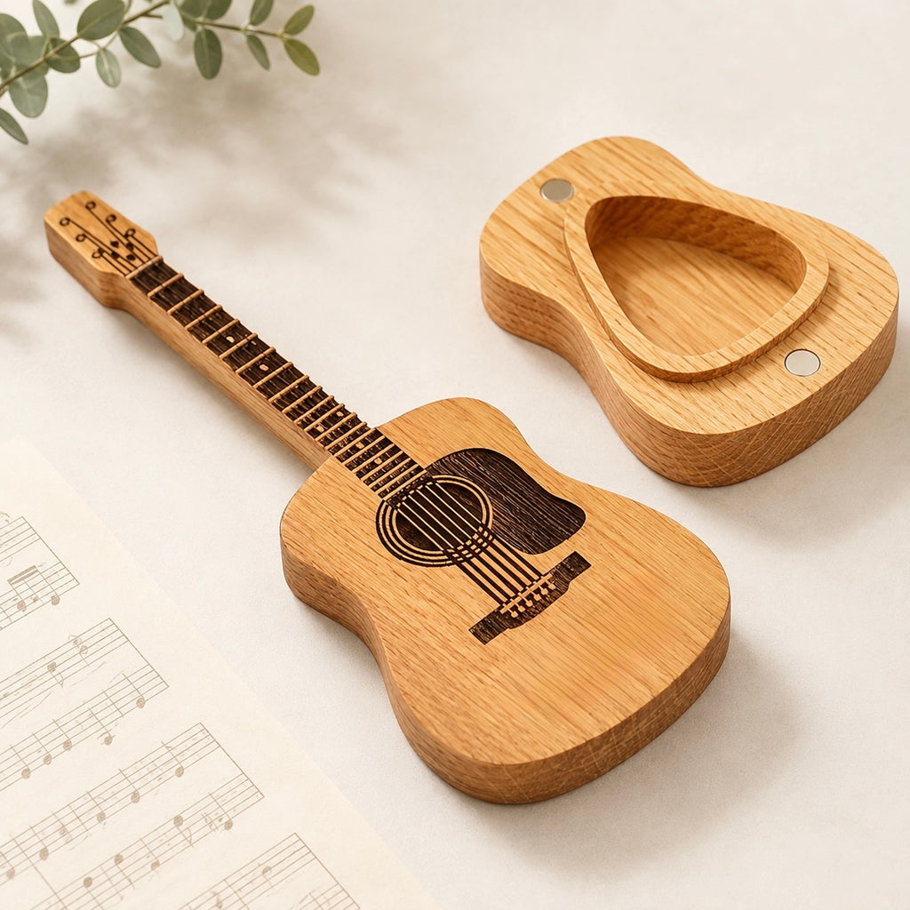Guitar-Shaped Wooden Pick Holder with 3 Picks & Stand