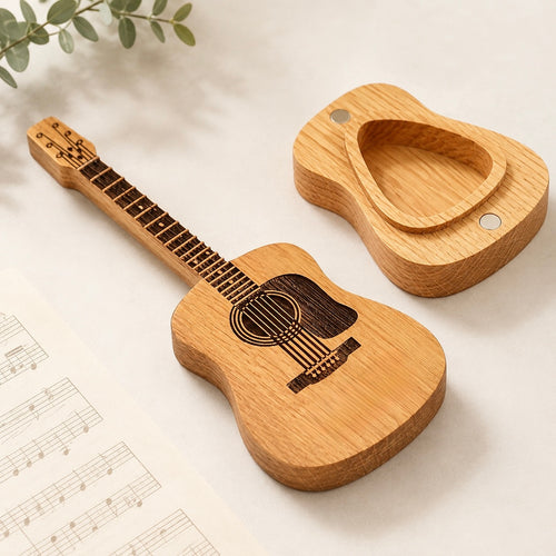 Guitar-Shaped Wooden Pick Holder with 3 Picks & Stand