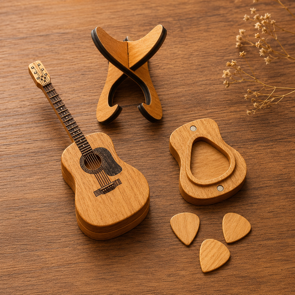 Guitar-Shaped Wooden Pick Holder with 3 Picks & Stand