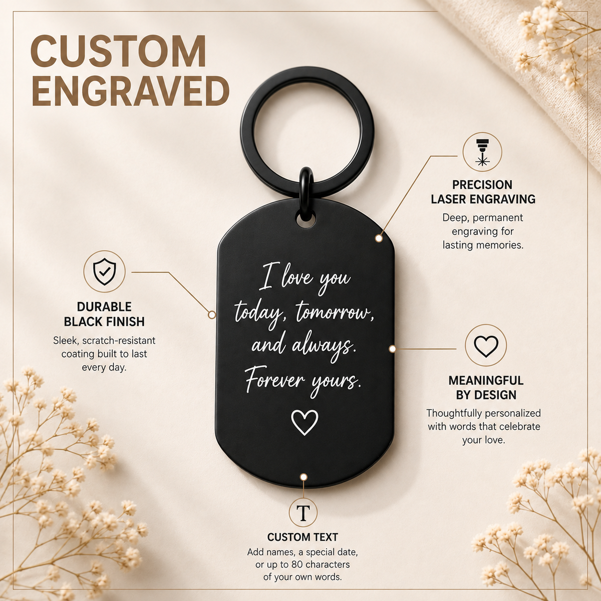 Personalised Engraved Black Aluminium Keyring – Custom Message
